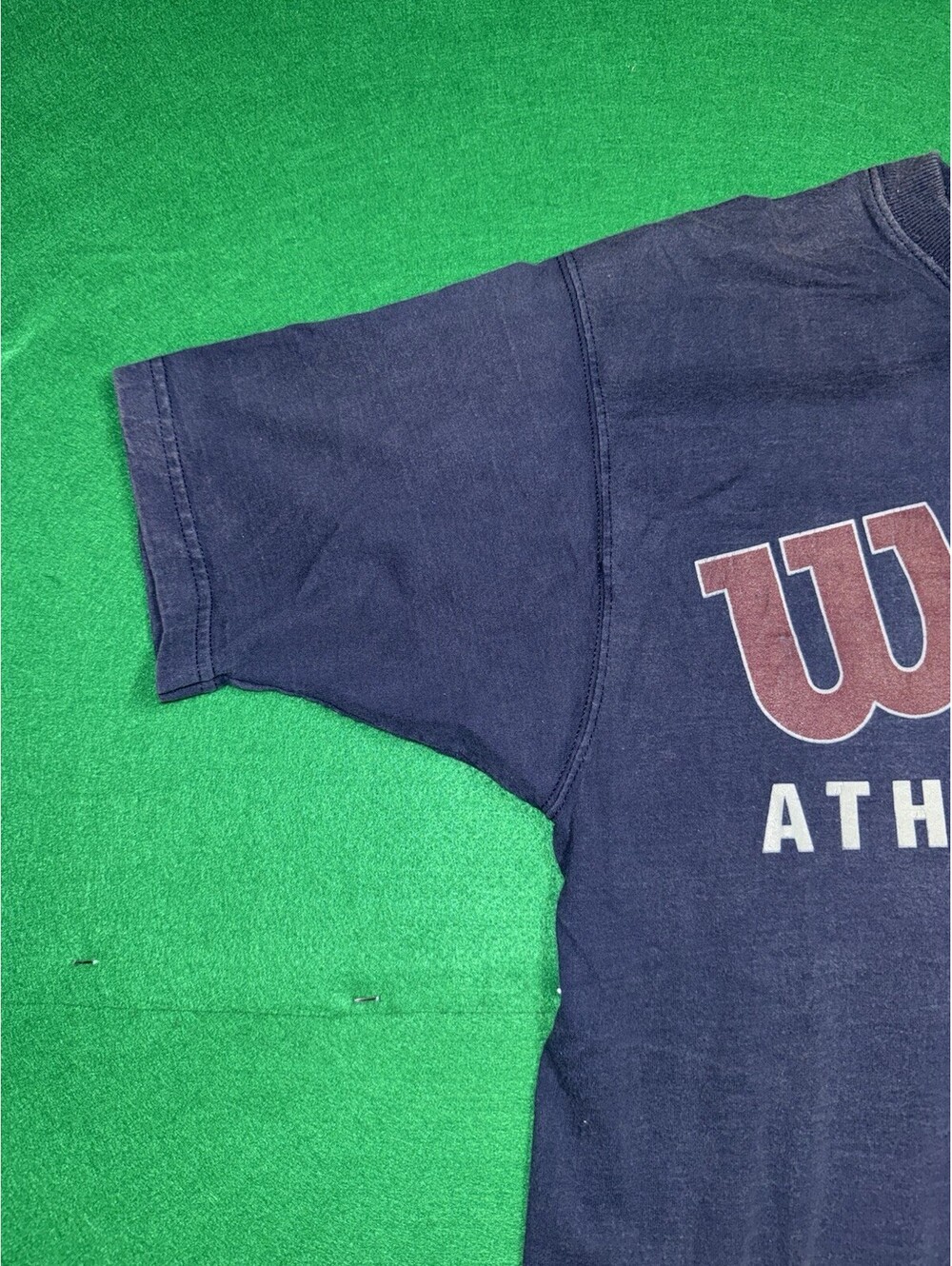 Vintage 80s 90s Wilson Athleticwear T Shirt Spellout Navy Blue Made in USA Large - Picture 5 of 16